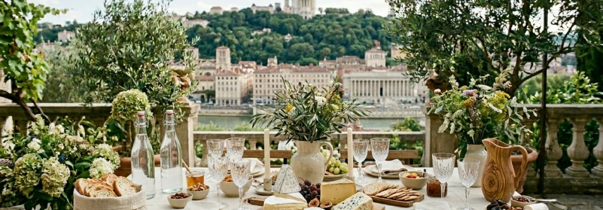 Apéritif avec plateaux de fromages face à Fourvière, Lyon