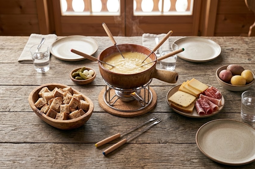 Fondue savoyarde et fromage à raclette sur une table en bois – fromagerie Pierre & Marcellin Lyon 3